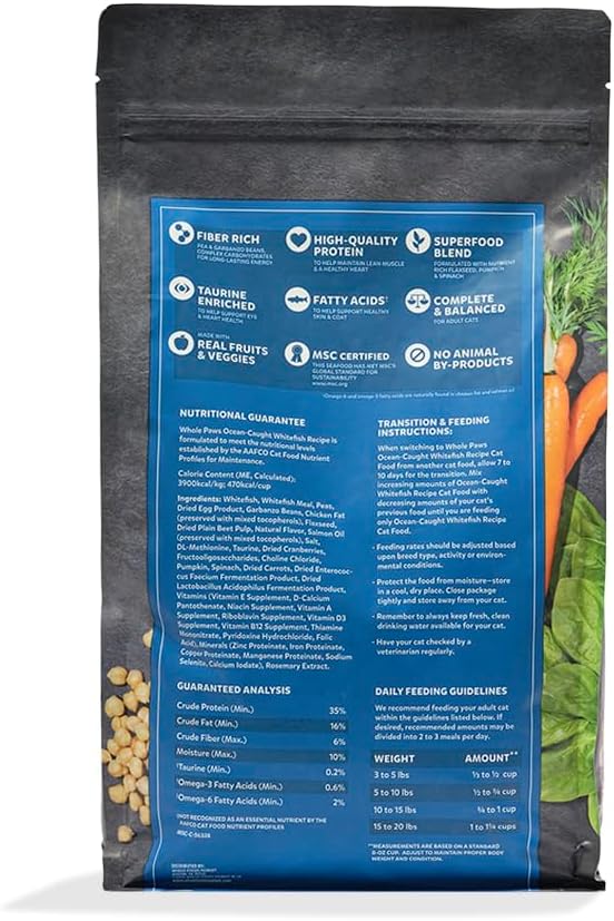 Whole Paws, Grain-Free Dry Adult Cat Food, Ocean-Caught Whitefish Recipe, Made with Real Fruits & Vegetables, 3.5 lb