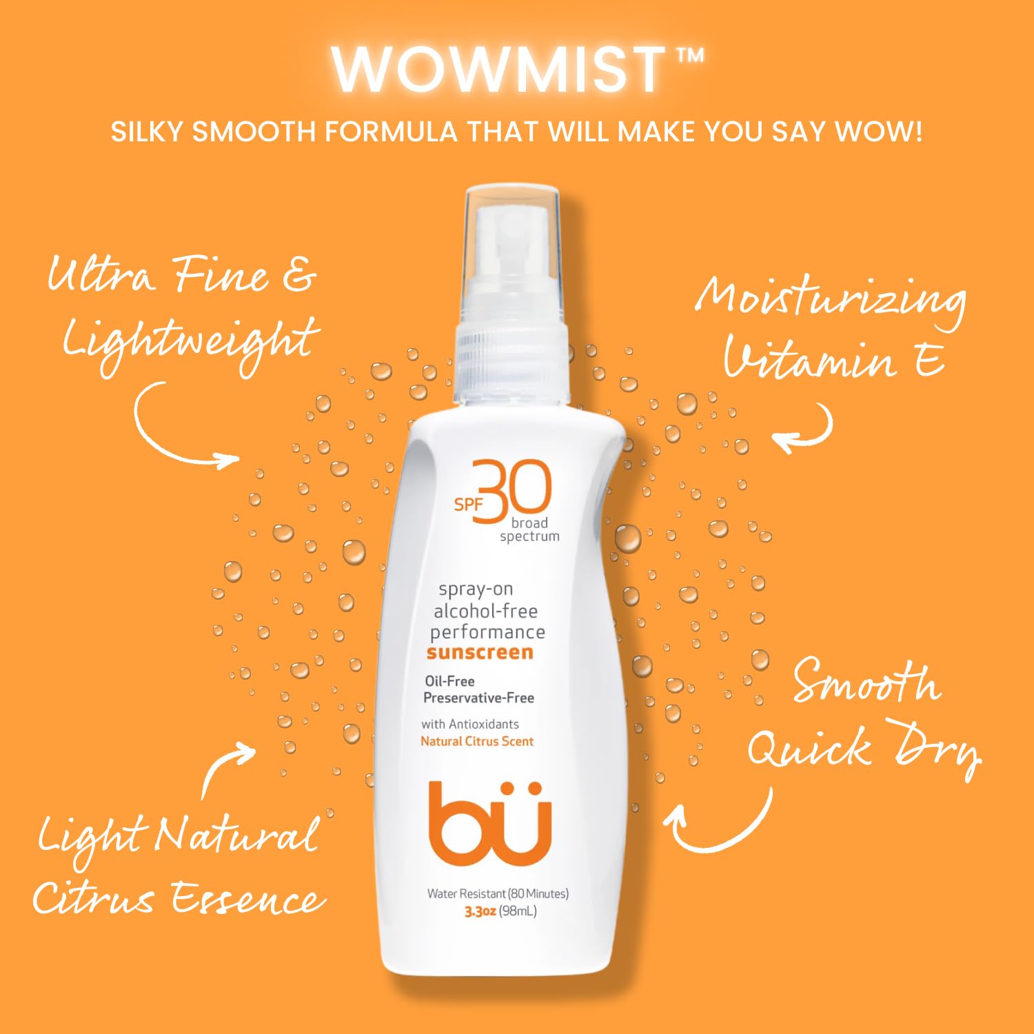 BU SPF 30 Sunscreen Spray for Face and Body, Non Aerosol Spray, Ultrafine WOWmist, TSA Travel Size Sunscreen, Clear, Non Greasy, Water Resistant, White Sage 3.3 oz