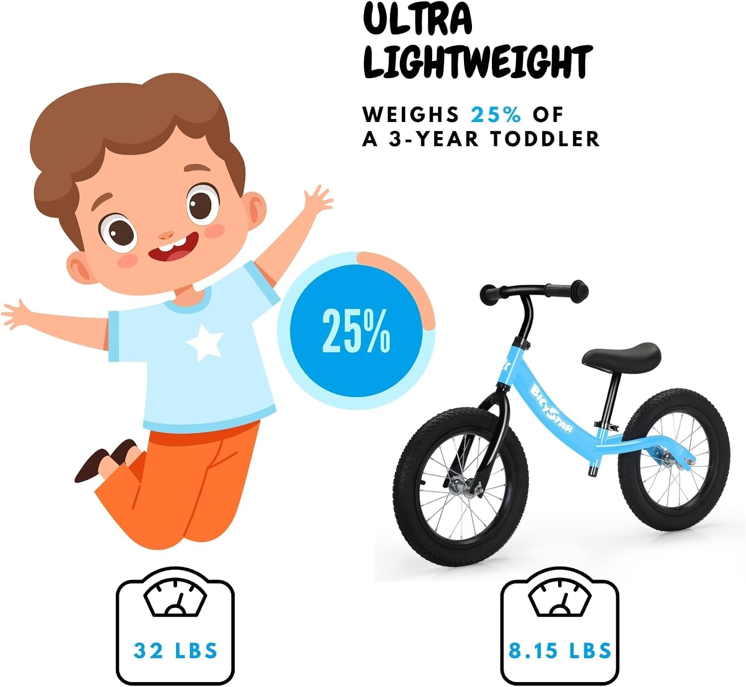 bicystar 14 Inch Balance Bike for Kids 3-5 with Rubber Air Tires, White | lightweight frame, adjustable seat & handlebar, easy assembly, outdoor riding, footrest, no pedals