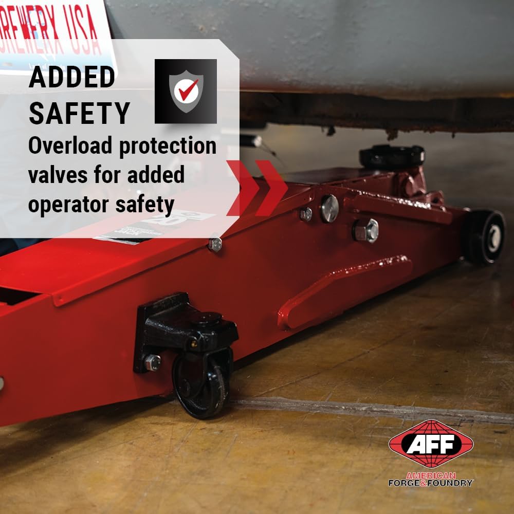 AFF 10 Ton Air Hydraulic Long Chassis Jack - for Long Overhang Vehicles | 10 T Floor Jack with Foot Pump & 3-Position Lock Handle - Ideal for Repair Shops, Bus & Truck Fleets, Heavy Duty Equipment