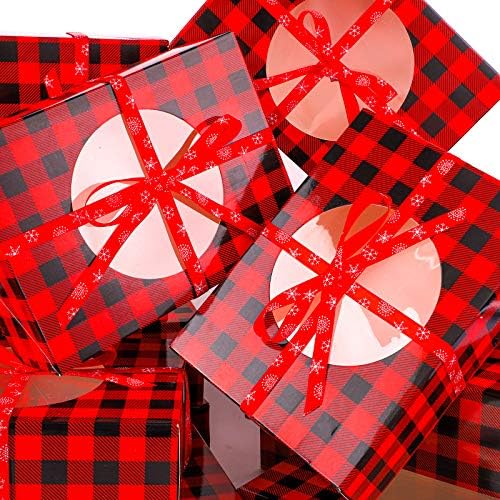 Aneco 12 Pack Christmas Cookie Boxes with Window Red and Black Plaid Holiday Treat Boxes Paper Food Boxes Xmas Gift Bags Cake Candy for Gift Giving
