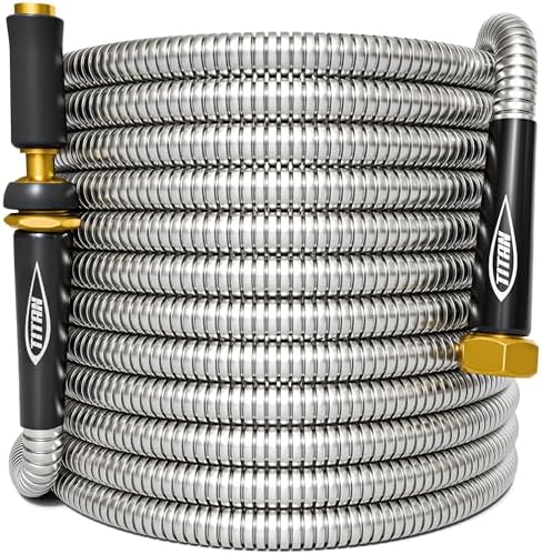 TITAN Garden Hose 100FT - 304 Stainless Steel Metal Water Hose, Flexible, Kink-Free, Lightweight, Durable, Crush Resistant Fittings, Easy to Coil, 500 PSI