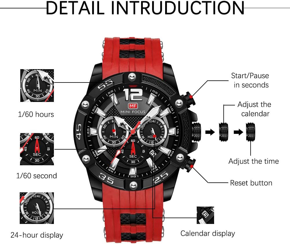 MF MINI FOCUS Men Watch, Chronograph Waterproof Sport Analog Quartz Watches Blue Silicon Strap Fashion Wristwatch for Men