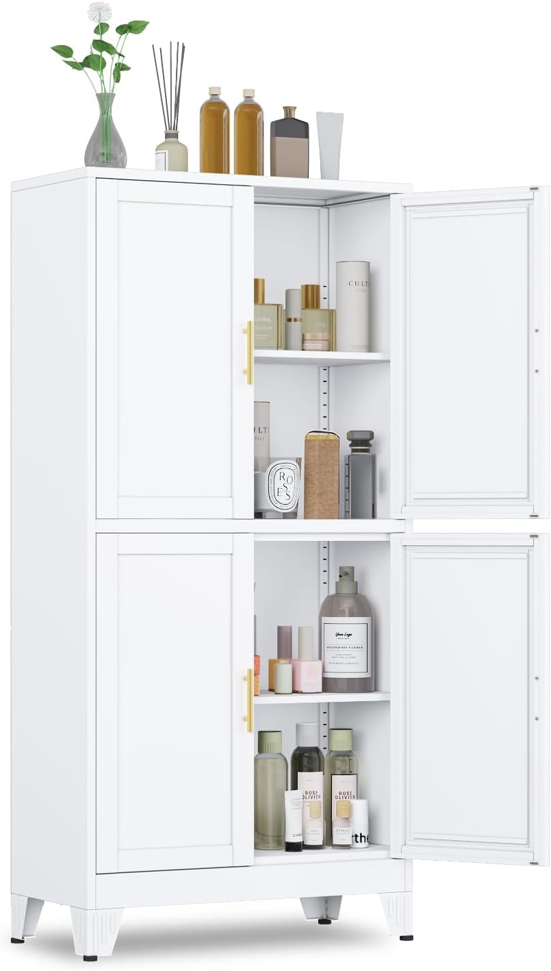 GAIOUS 75.2" Tall Metal Kitchen Pantry Storage Cabinets with 2 Door and 5 Adjustable Shelves, Cupboard for Kitchen, Dining Room, Living Room and Bathroom, White