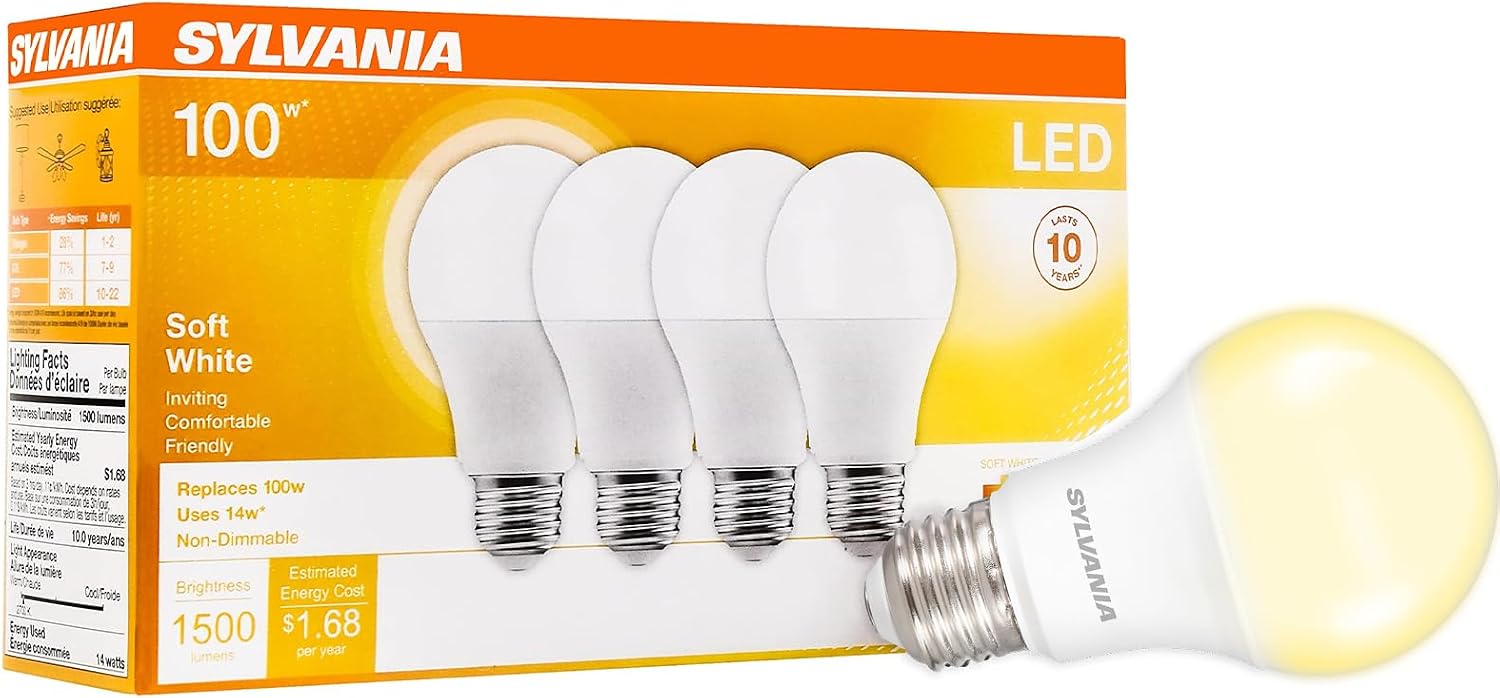 Sylvania LED A19 Light Bulb, 100W = 14W, Non-Dimmable, Frosted Finish, 1500 Lumens, 2700K, Soft White - 4 Pack (78101)