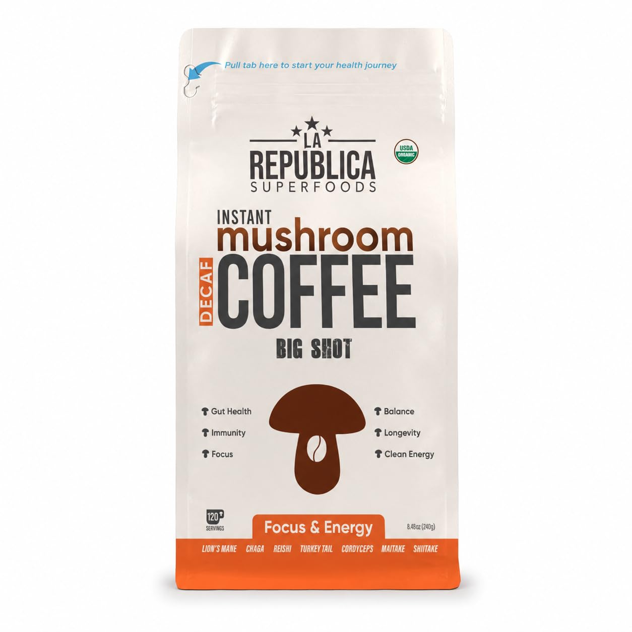 La Republica DECAF Organic Mushroom Coffee (35 Servings) with 7 Superfood Shrooms, Great Tasting Instant Mix Includes Lion's Mane, Reishi, Chaga, Cordyceps, Shiitake, Maitake, and Turkey Tail (Decaffeinated)