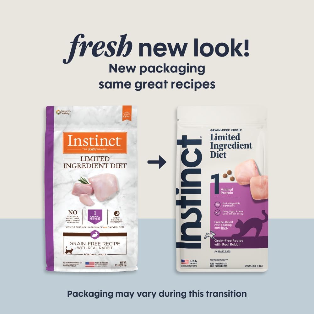 Instinct Limited Ingredient Diet Dry Cat Food, Real Rabbit, 4.5 lb. Bag | Single animal protein and vegetable recipe, raw-coated kibble, farm-raised rabbit, gentle on sensitive stomachs
