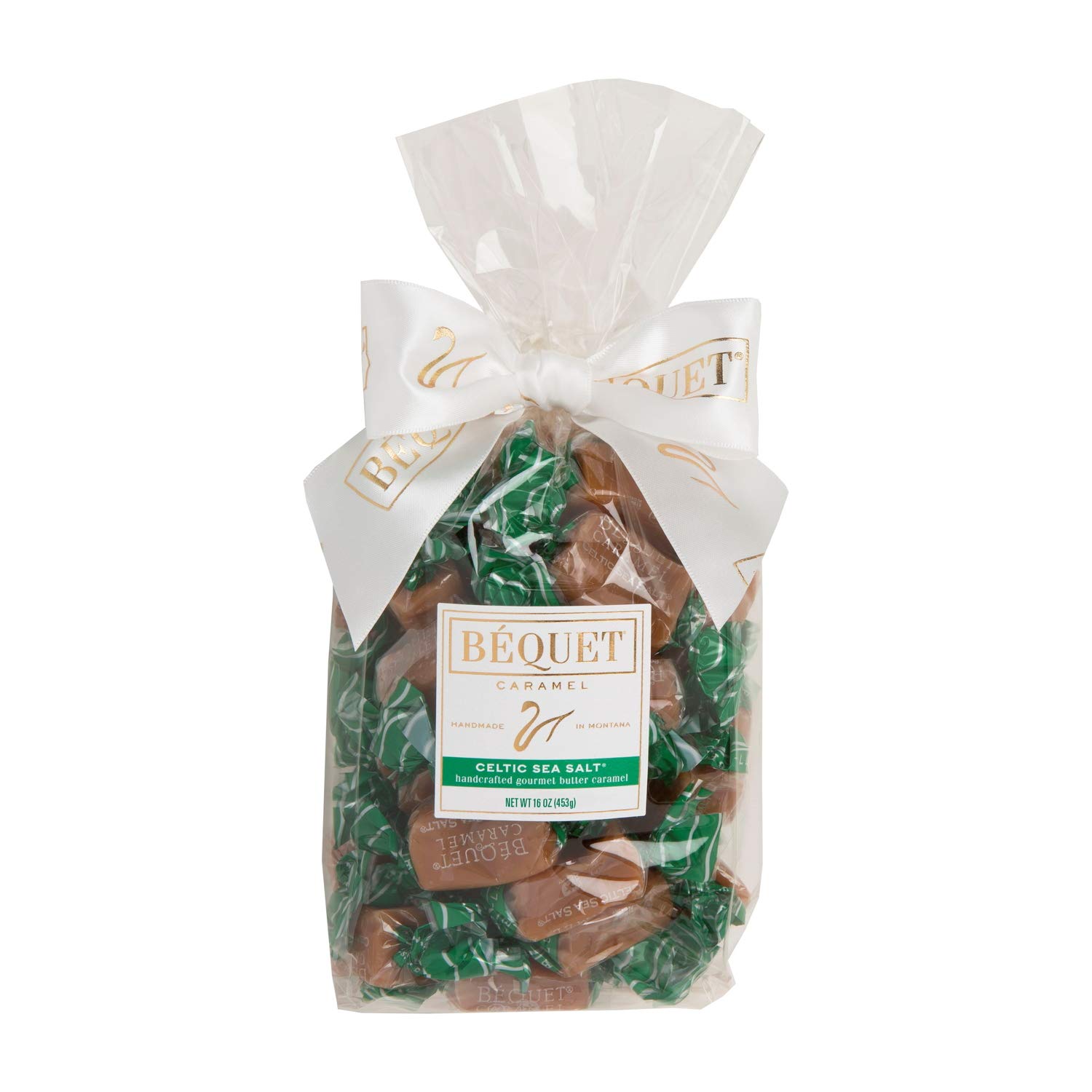 Béquet Celtic Sea Salt Caramels - Soft Gourmet Candy - 16oz Gift Bag | Ready-to-gift bag. Small-batch caramel made in Montana with real cream and butter, Kosher Star-D, gluten free, non-GMO
