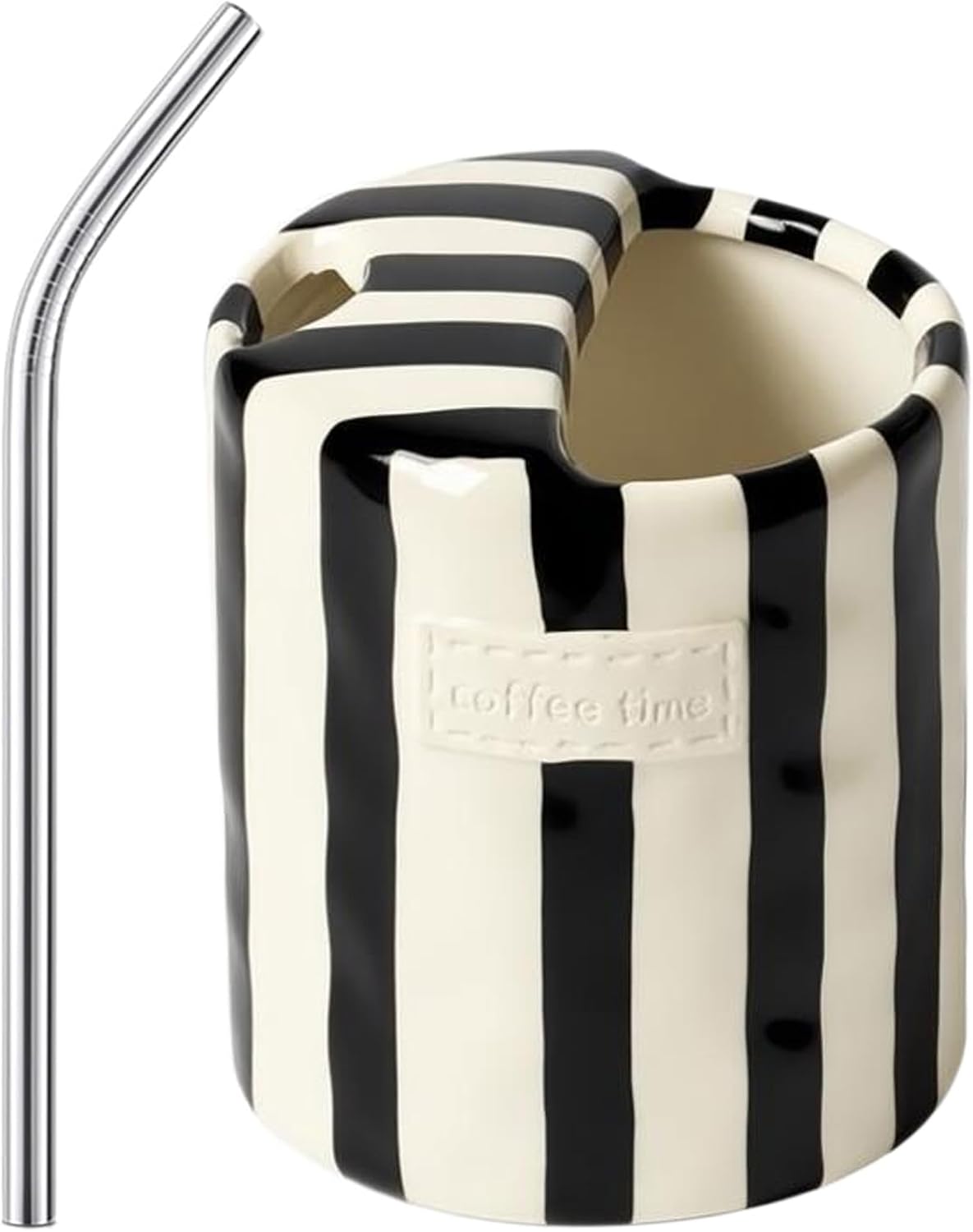 Ceramic Coffee Mugs 10 oz Retro Striped Coffee Mug No Handle with Straw | Porcelain Coffee Cups Hand-Painted Striped Art