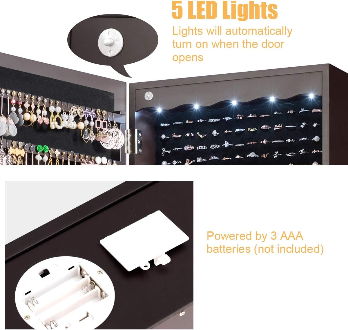 CHARMAID Jewelry Cabinet Armoire, Wall Mount Door Hanging, Lockable Jewelry Organizer with 47.5'' Full Length Mirror, 5 Lights