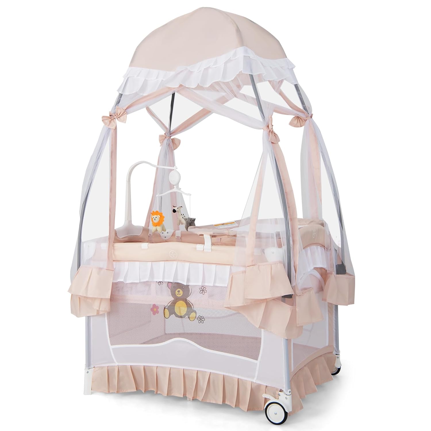 HONEY JOY 4-in-1 Pack and Play with Canopy, Portable Baby Playard w/Changing Table and Infant Bassinet Cute Toys & Music