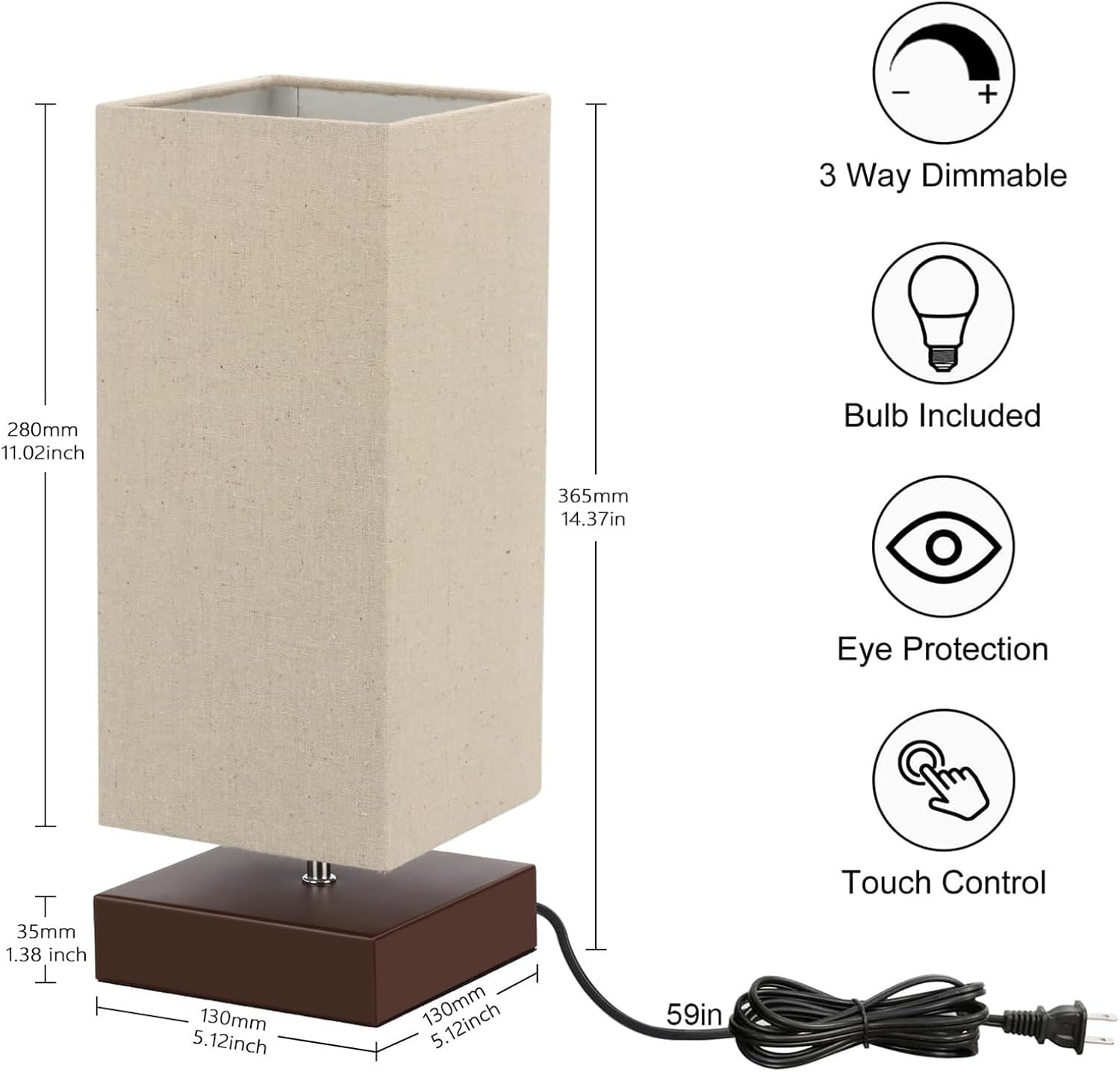 Touch Control Table Lamp Bedside 3 Way Dimmable Touch Desk Lamp Modern Nightstand Lamp with Square Fabric Lamp Shade Simple Night Light for Bedroom