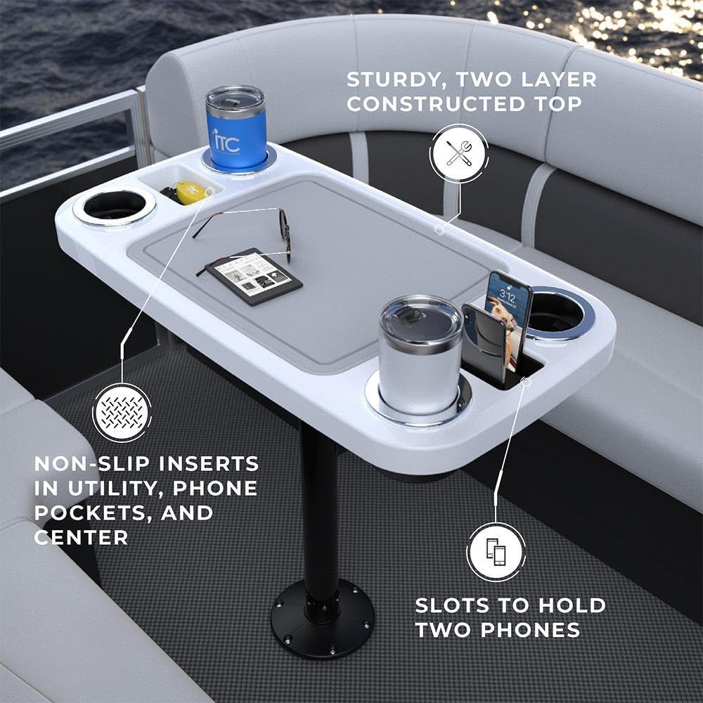 Manufacturers' Select ITC Boat Table Set - 18"x34" Removable Pontoon Boat Table with Center Non-Slip Mat, Pedestal Leg, 4 Drink Holders