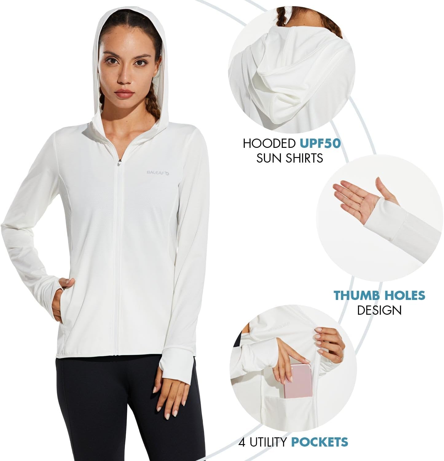 baleaf Women's Sun Protection Hoodie Jacket UPF 50+ Full Zip with Pocket