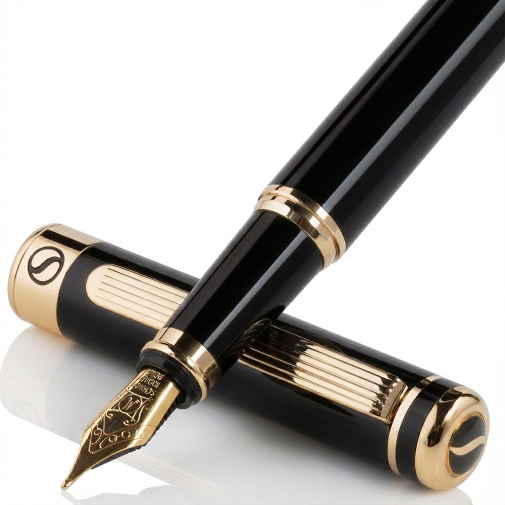 Scriveiner Silver Chrome Fountain Pen - Stunning Luxury Pen, Real Gold Finish Schmidt Gilded Nib (Medium), Best Pen Gift Set for Men & Women