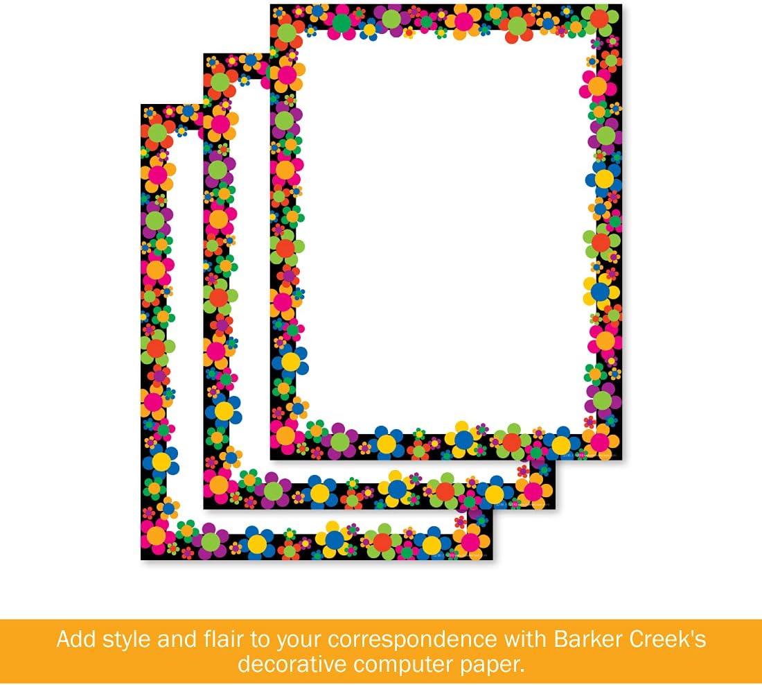 BARKER CREEK Designer Computer Paper, Neon Flower Power, 8.5” x 11”, Decorative Printer Paper, Stationery, 50 Sheets per Pkg, Home