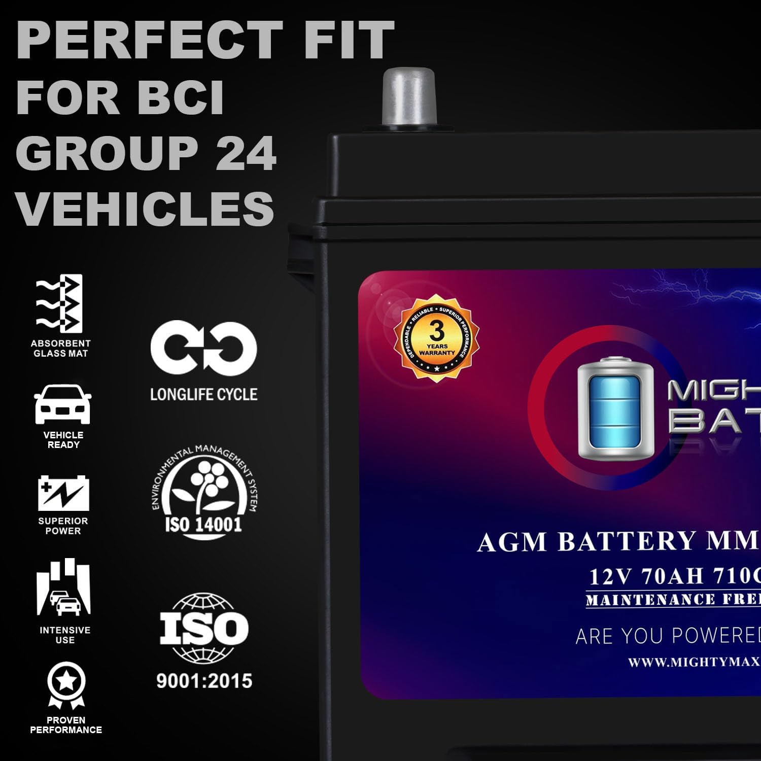 Mighty Max Battery MM-H8 Start and Stop Car BCI Group 49 12V 95Ah, 160RC, 900 CCA Rechargeable AGM Car Battery