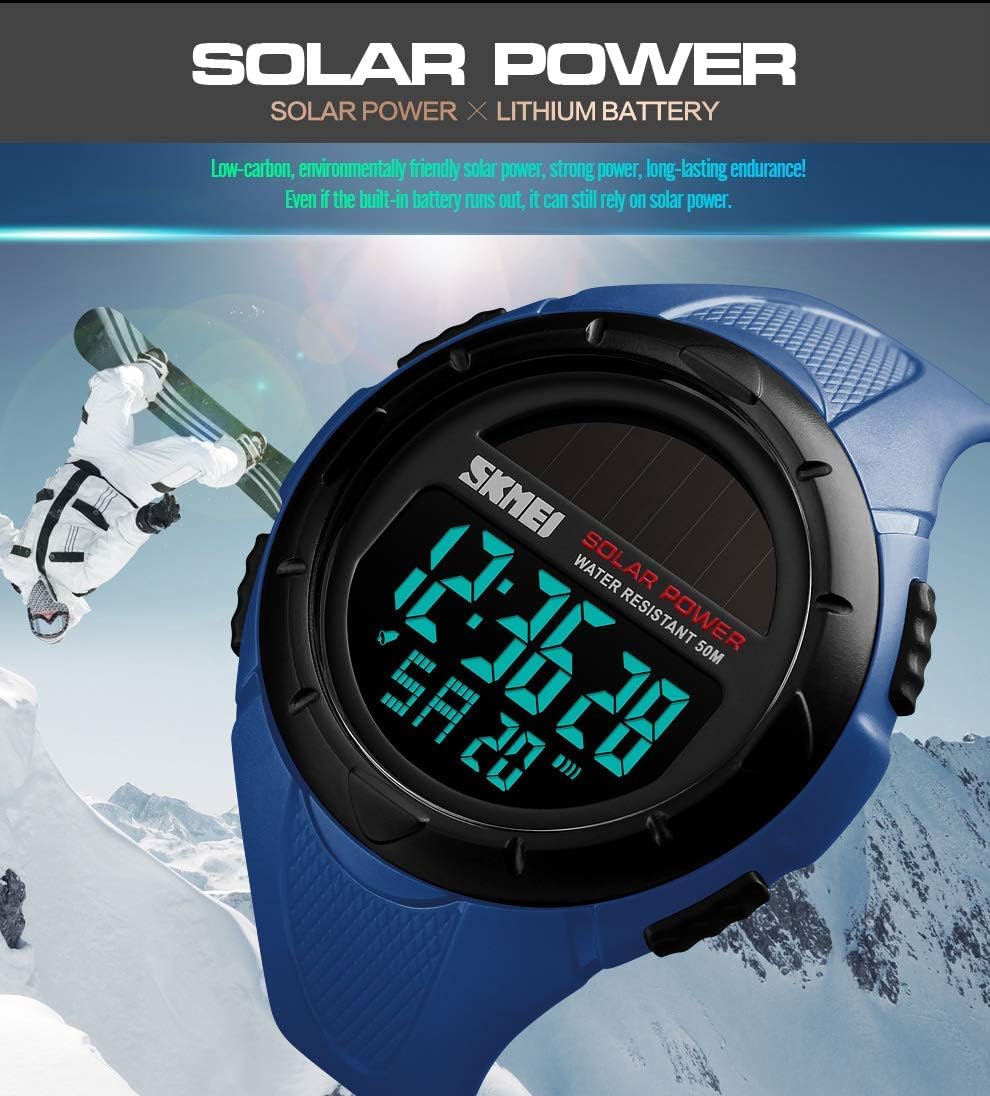Gosasa Men's Outdoor Sports Multifunction Solar Power LED Digital Watches 50M Water Resistant (Black)