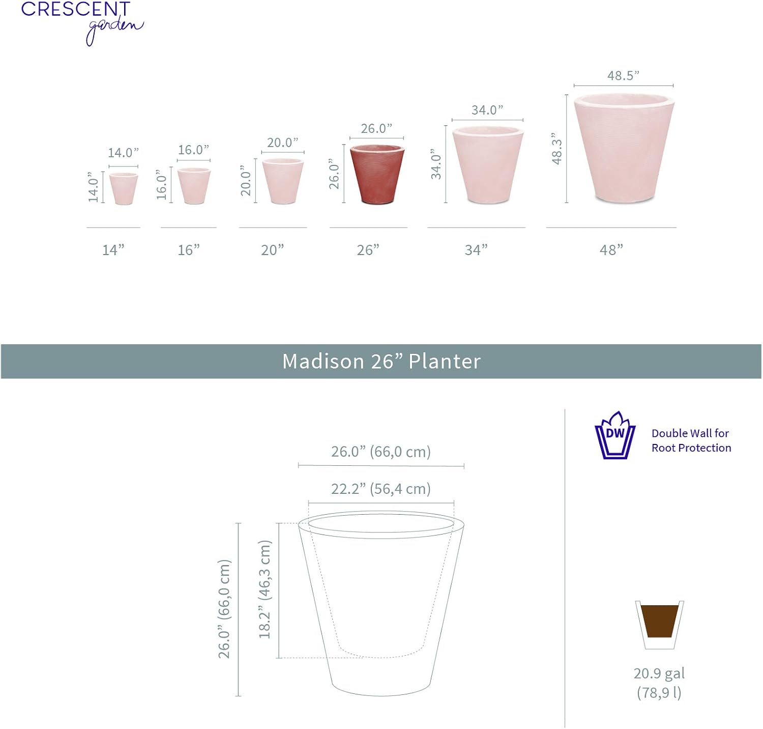 Crescent Garden Madison Planter– Weather-Resistant, Double Walled Indoor/Outdoor Plant Pot with Drain Hole – Durable All-Season Flower Container, 14" W (Cloud White)