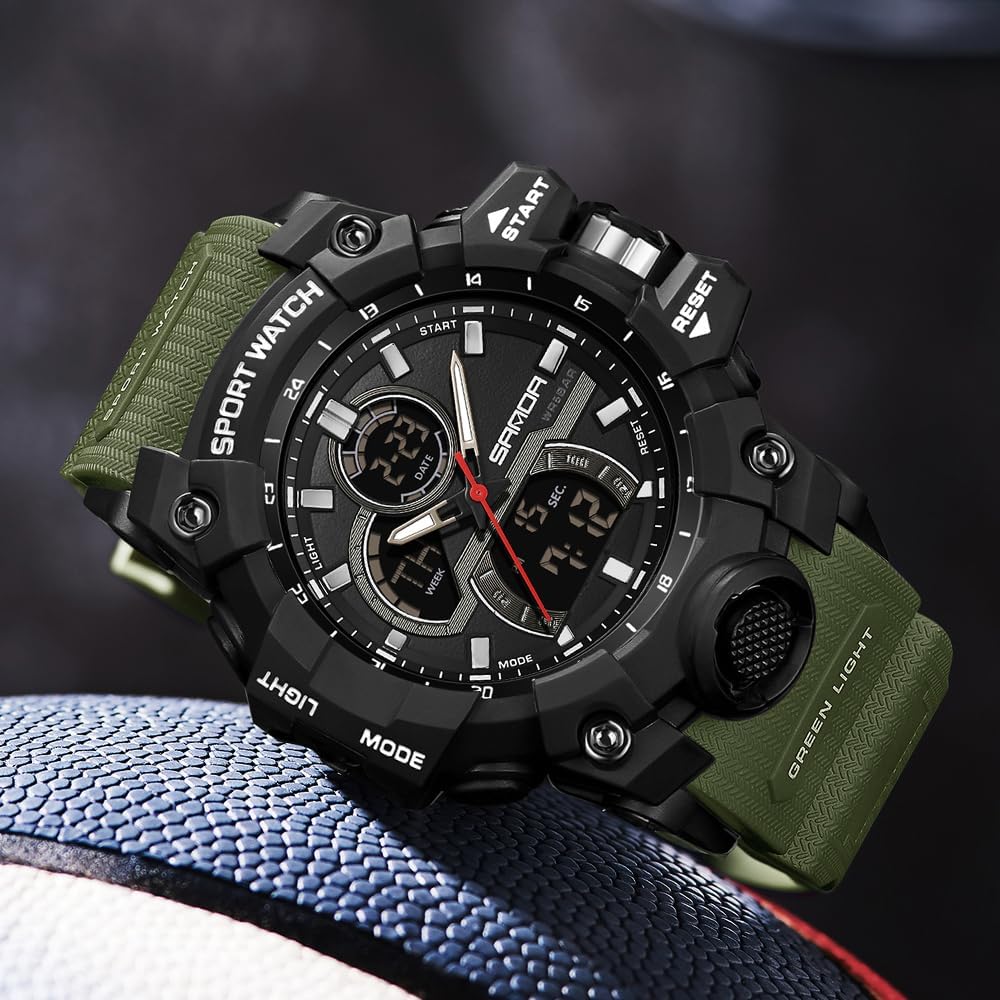 FANMIS Men Sports Outdoor Watch Analog Digital Multifunctional Black Watch | Black Sports Watch Casual Quartz Wristwatch Waterproof Military Wrist Watch Tactics LED Alarm Stopwatch Digital Watch for Men