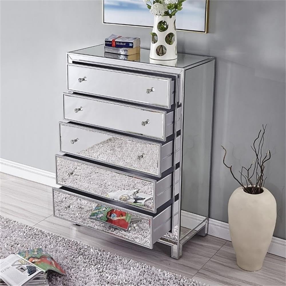 Reflexion 5 Drawer 48" Mirrored Chest in Antique Silver