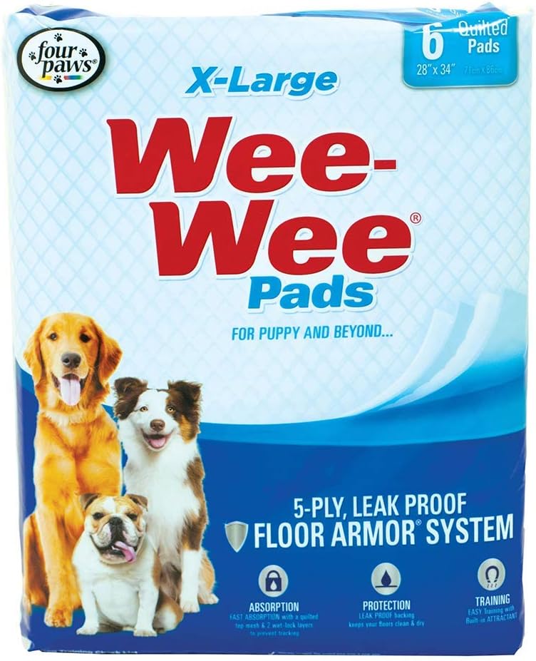 Four Paws Wee-Wee Superior Performance X-Large Dog Pee Pads, 40 Count | Puppy & dog potty training pads, housebreaking supplies, xl puppy pads, pet supplies, 24-hour floor protection, 28" x 34"