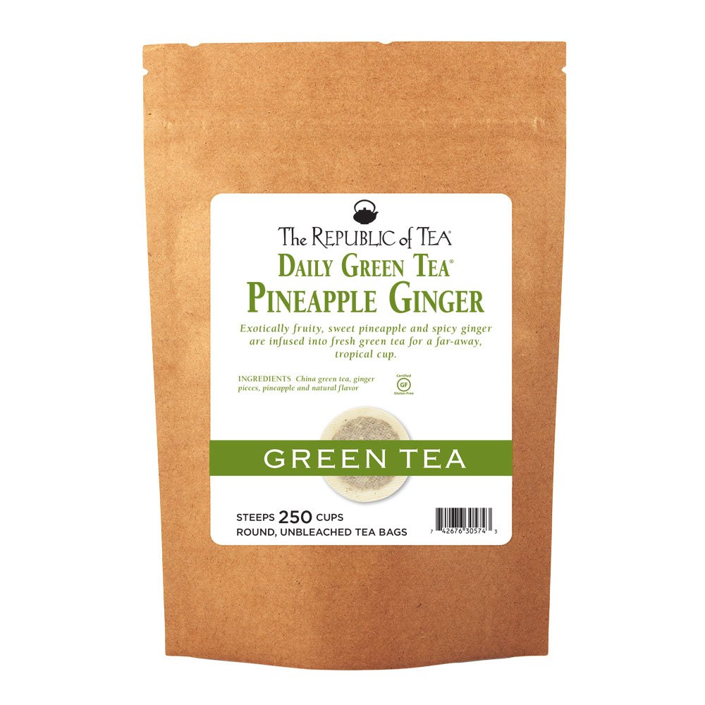 The Republic of Tea Daily Green Pineapple Ginger Green Tea, 50 Ct | Low Caffeine. A gentle cup for everyday. Fresh and lightly vegetal with notes of warming spice and juicy fruit. Gluten Free.