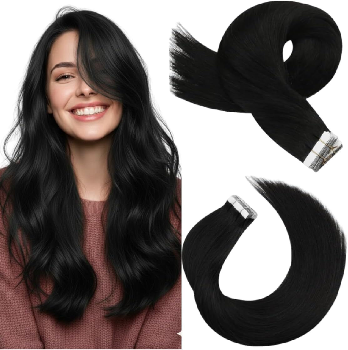 Moresoo Black Tape in Hair Extensions Human Hair, 18 Inch, 20Pcs, 50g