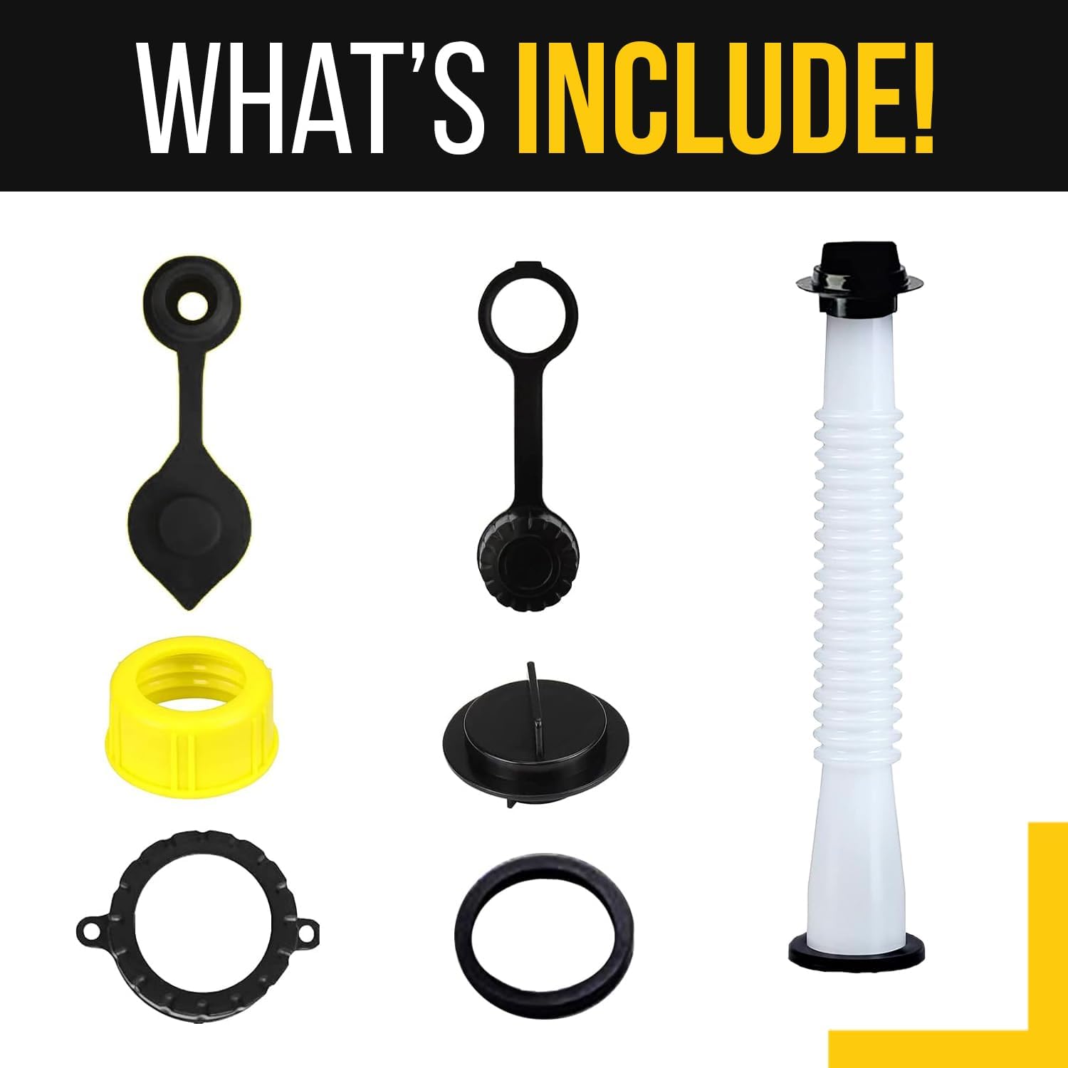 Universal Gas Can Spout Replacement, Gas Can Nozzle with Gasket, Stopper, Collar Caps (Black and Yellow) & gas can vent caps, Pack of 3
