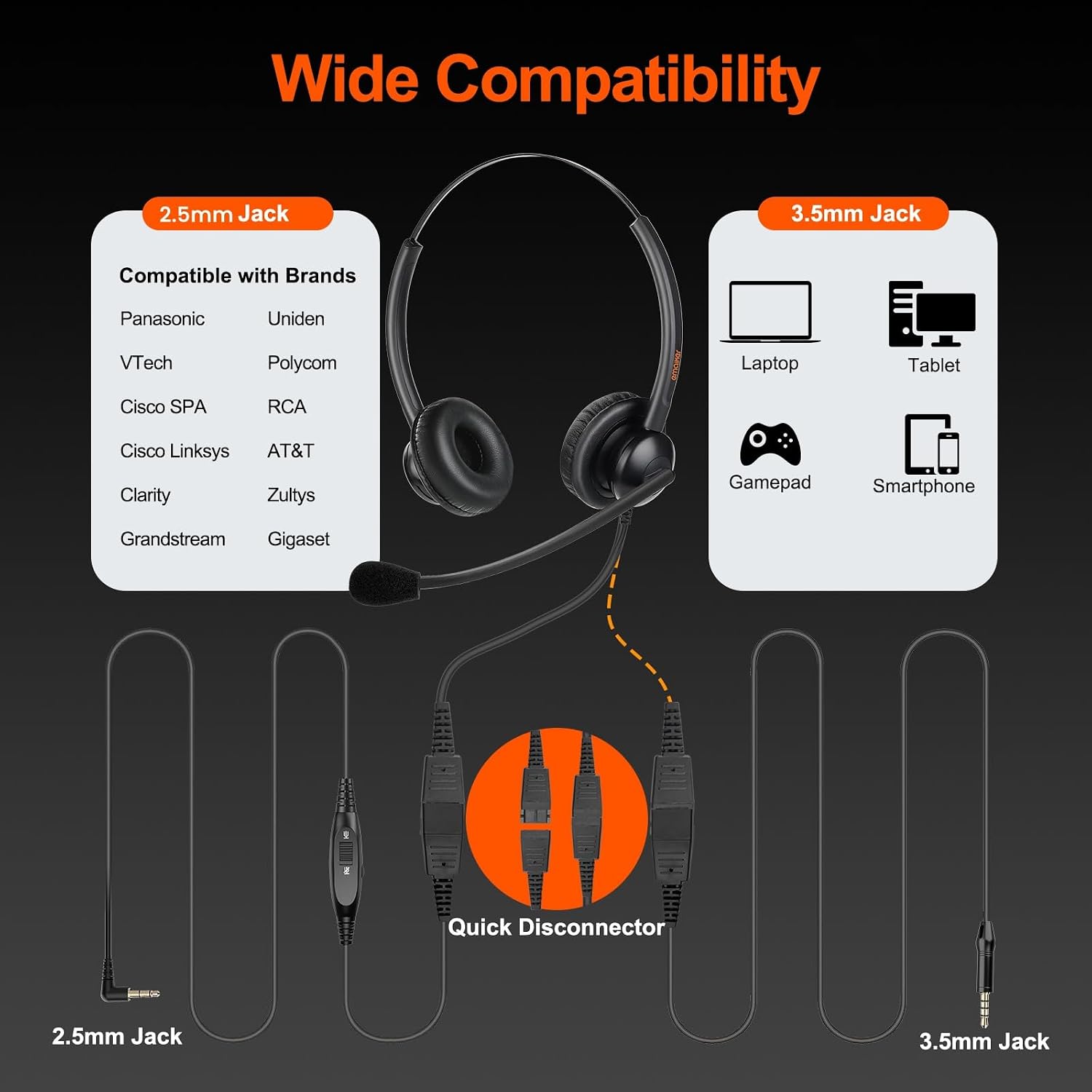 Lightweight Telephone Headset with 2.5mm Bottom Cable and Mute Button for Office Calls, Works with Cisco Polycom Panasonic Landline IP Desk Phones