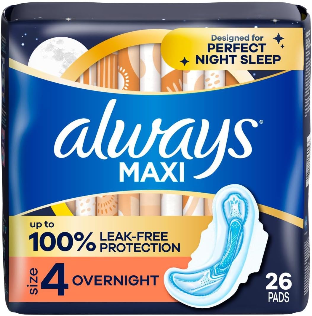 Always Maxi Overnight Feminine Pads with Wings for Women, Size 4, Overnight Absorbency, Unscented, Up to 100% Leak-Free Protection, 48 Count