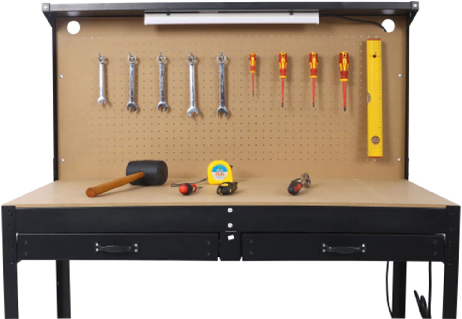 Heavy-Duty Steel Workbench with LED Light, 59'' Tool Storage Bench with Power Outlets & USB Ports, 200 lbs Capacity