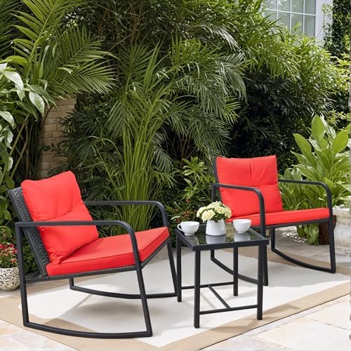 Greesum 3 Pieces Rocking Wicker Bistro Set,Patio Conversation Sets,Beige