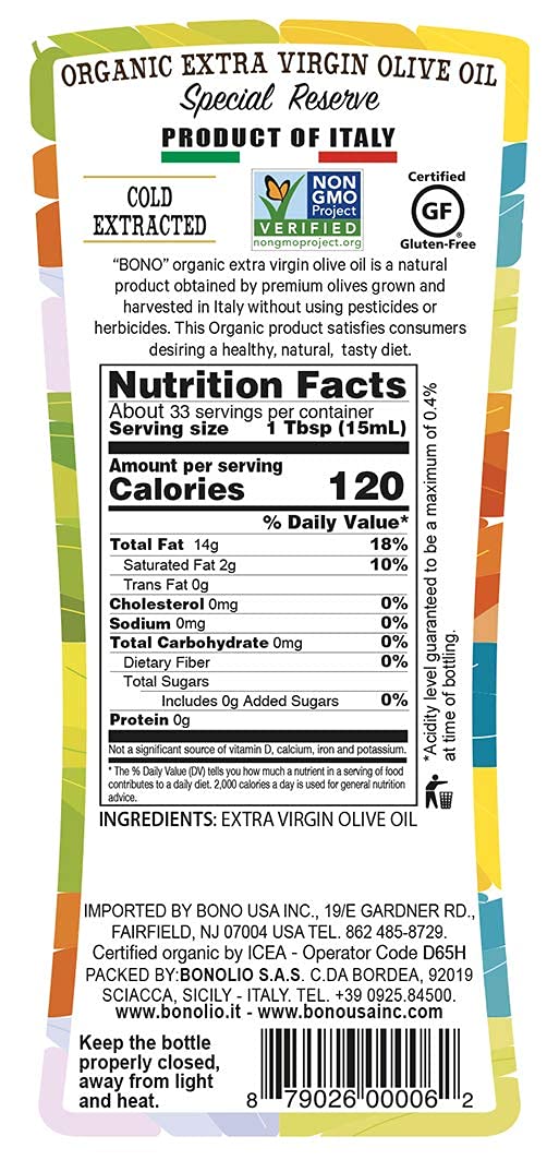 BONO 100% Italian Organic Extra Virgin Olive Oil, 3 pack