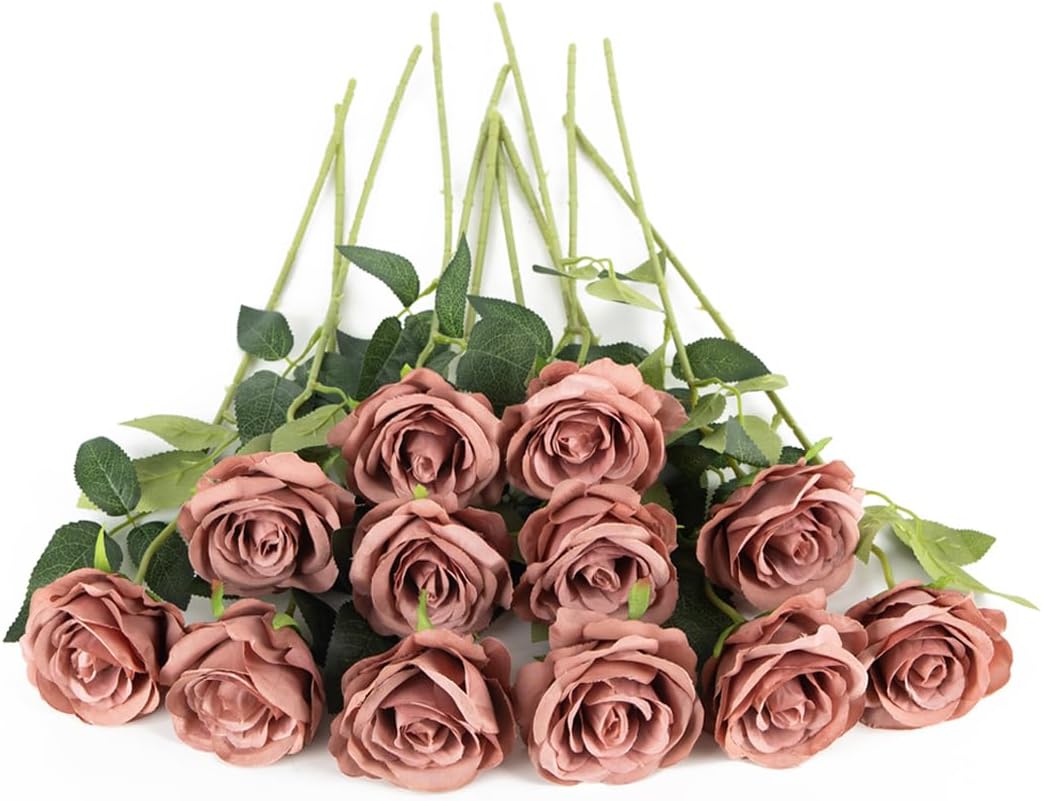 12 PCS Artificial Flowers Roses Silk Flowers Fake Long Stem Artificial Roses for Home Wedding Decorations (Yellow)