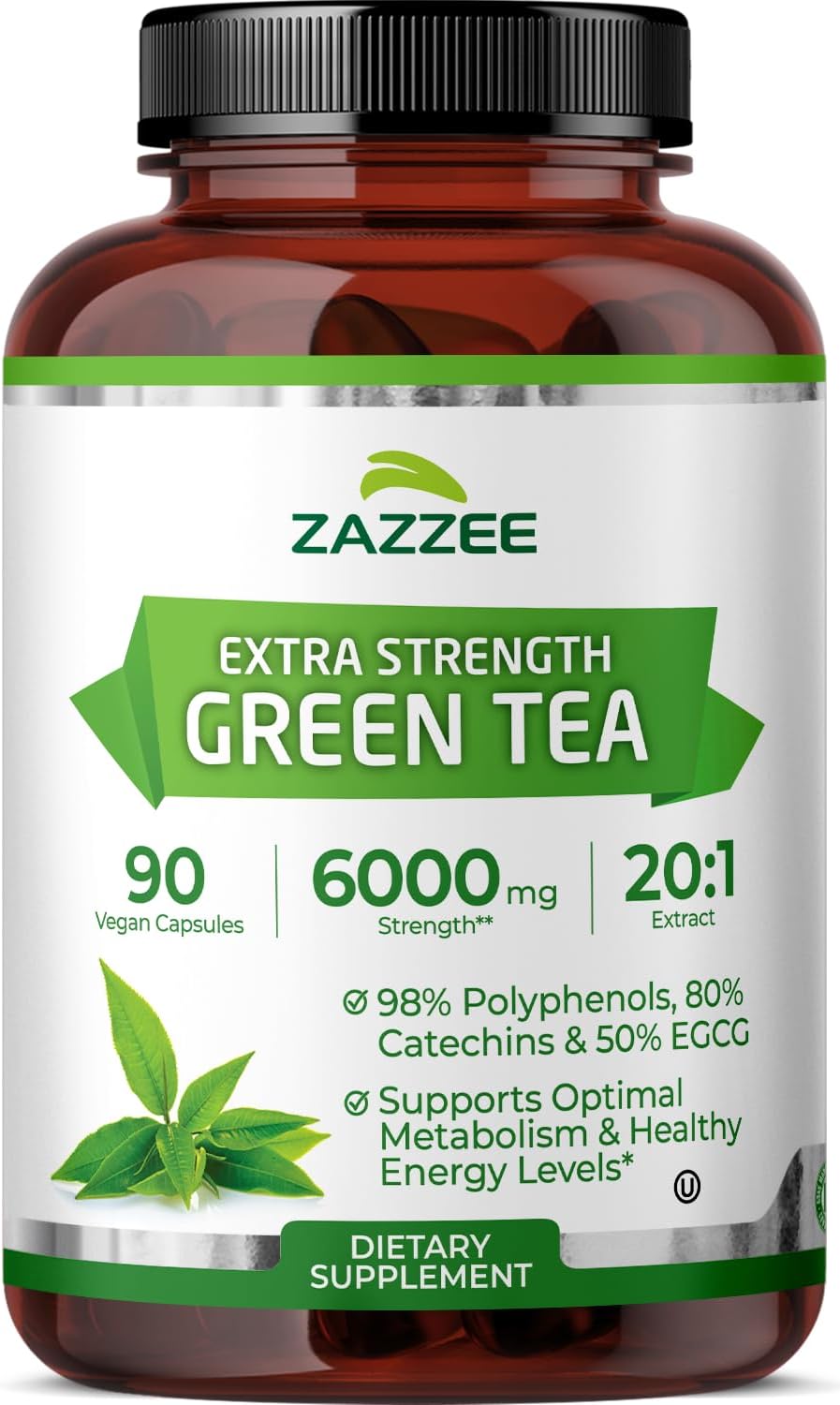 Zazzee Extra Strength Green Tea 20:1 Extract, 50% EGCG, 150 Vegan Capsules | 98% Polyphenols, 80% Catechins, 5 Month Supply, Certified Kosher, Antioxidant & Metabolism Support, Non-GMO, Made in the USA