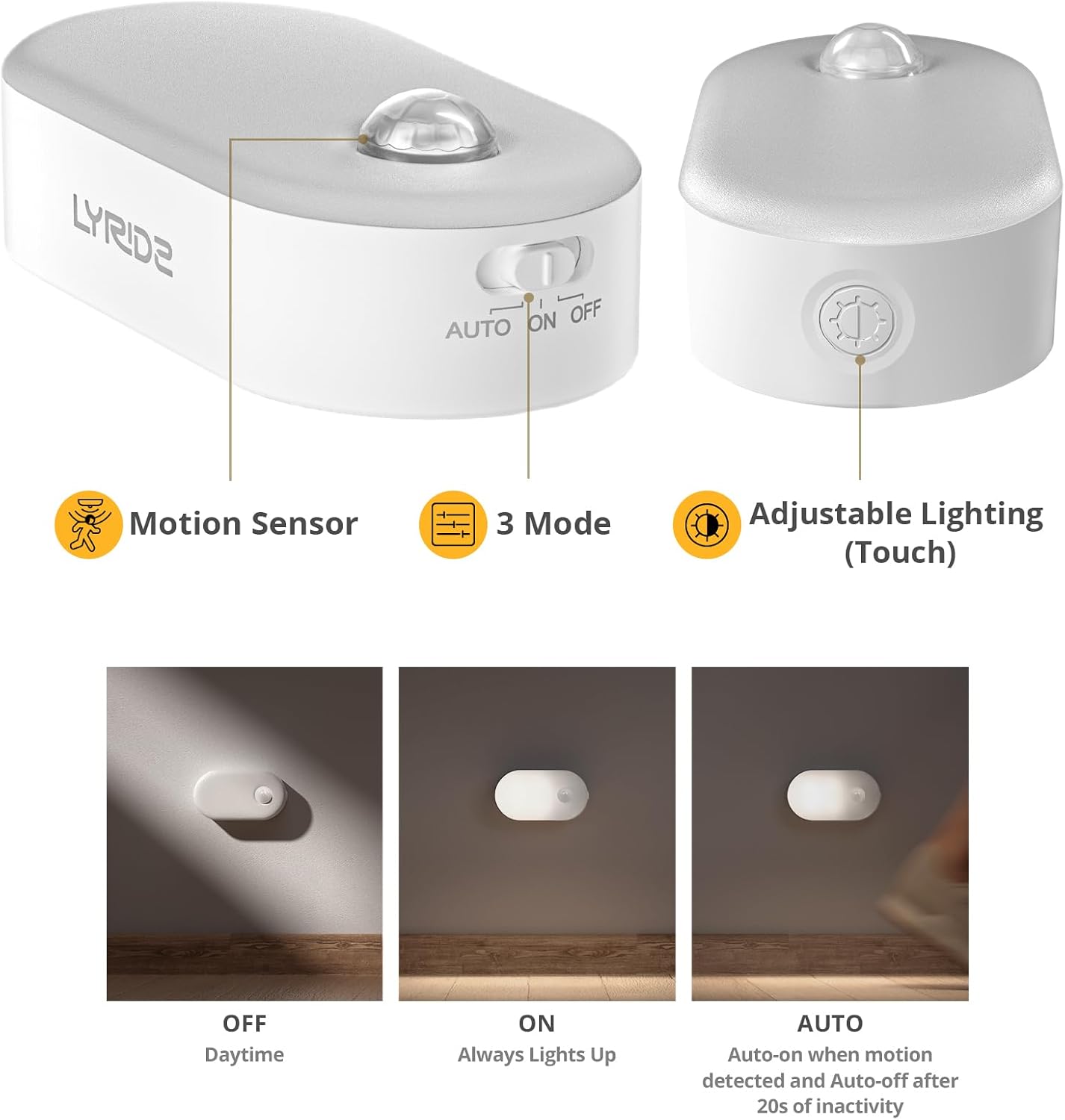 Lyridz Rechargeable Battery Night Light with Motion Sensor, Portable Mini Warm White LED Stick-on Closet Light, Adjustable Brightness for Bathroom