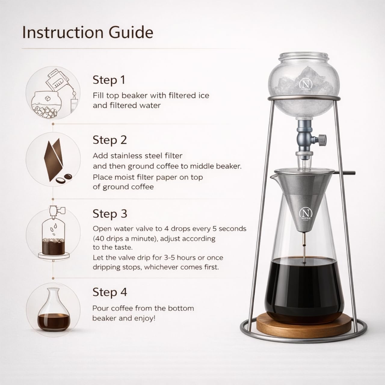 NISPIRA Luxury Ice Cold Brew Dripper Coffee Maker in Stainless steel, 600 ml Copper