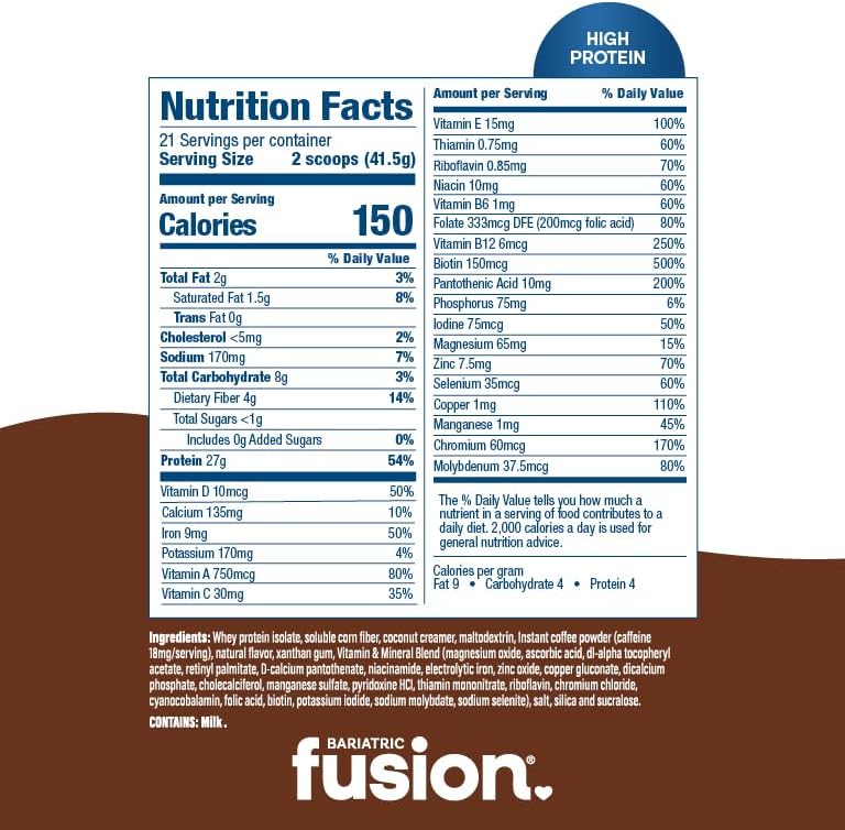 Bariatric Fusion Cappucino Meal Replacement 27g Protein Powder, 21 Serving Tub for Bariatric Surgery Patients Including Gastric Bypass and Sleeve Gastrectomy - No Gluten, Aspartame or Sugar
