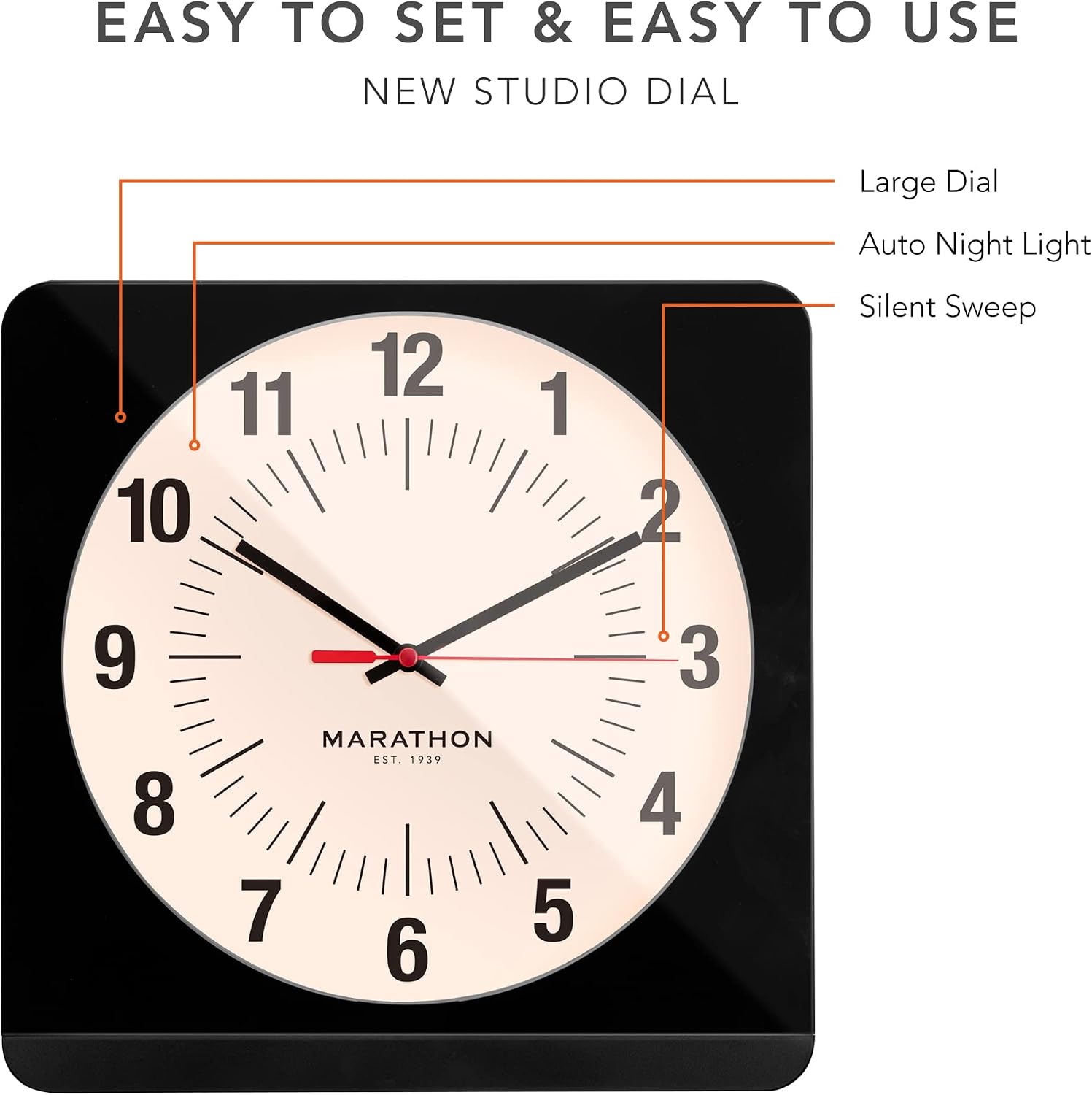 MARATHON Jumbo 12 Inch Analog Wall Clock with Warm Amber Auto Backlight, Silent Smooth Sweep (Black Case/White Dial - Commercial Edition)