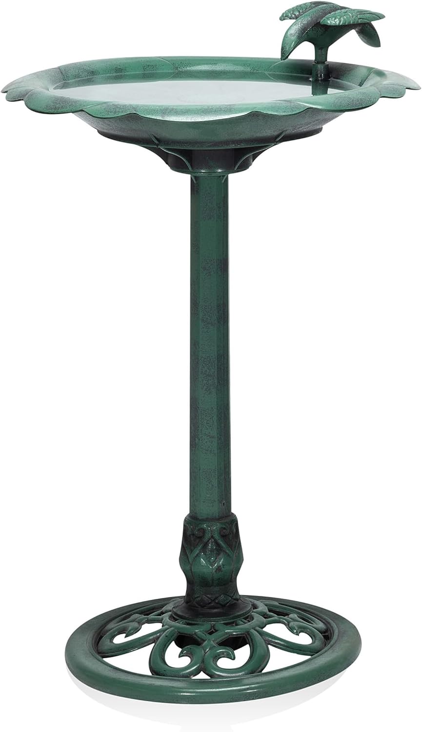 Alpine Corporation TEC116 Outdoor Aged Green Pedestal Birdbath with Scrollwork, 28" Tall, Green