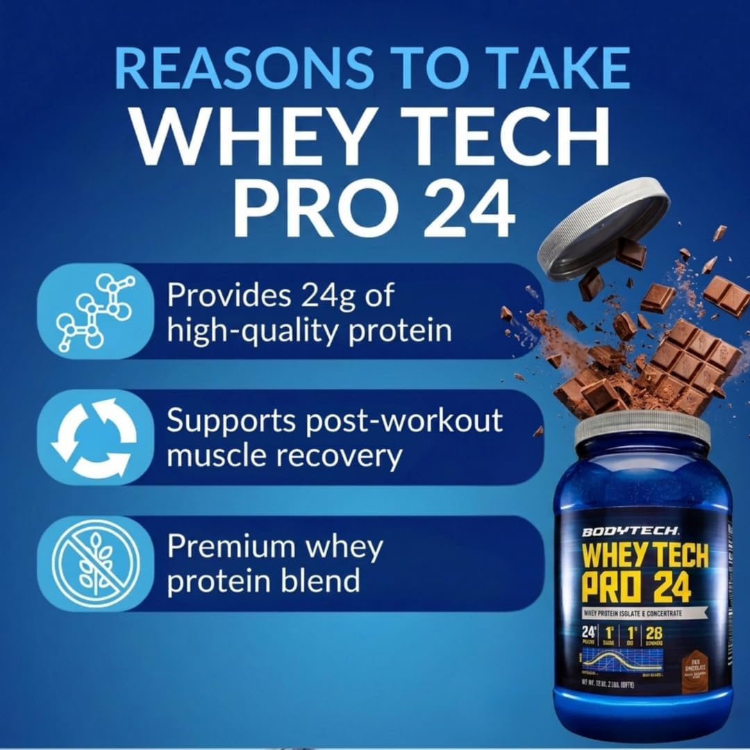 BodyTech Whey Protein Isolate Powder, Rich Chocolate, 5 LB, 71 Servings | 24G per Serving, High Concentrated Protein Powder With Amino Acids & BCAAs for Men and Women, Gluten Free