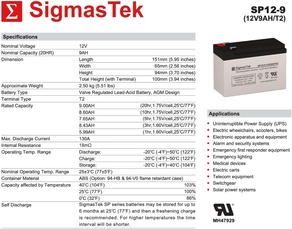 SigmasTek SP12-9 - 12V 9AH F2 SLA Battery - Replaces: Universal Power UB1290 (40748), UB1280HR (D5785), B&B Battery BP8-12, HR9-12, Vision CP1290, Yuasa NP9-12