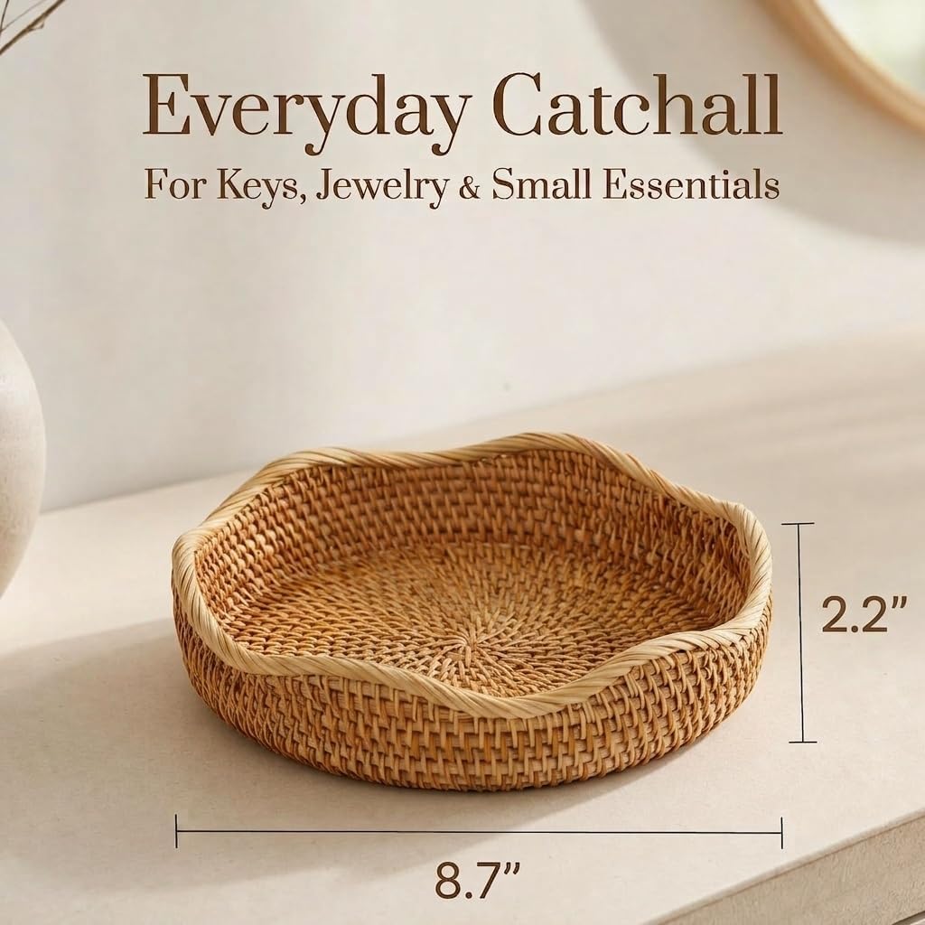 YANGQIHOME Rattan Bread Basket, Round Fruit Baskets, Wicker Storage Bowls, Natural Woven Serving Basket Bowls