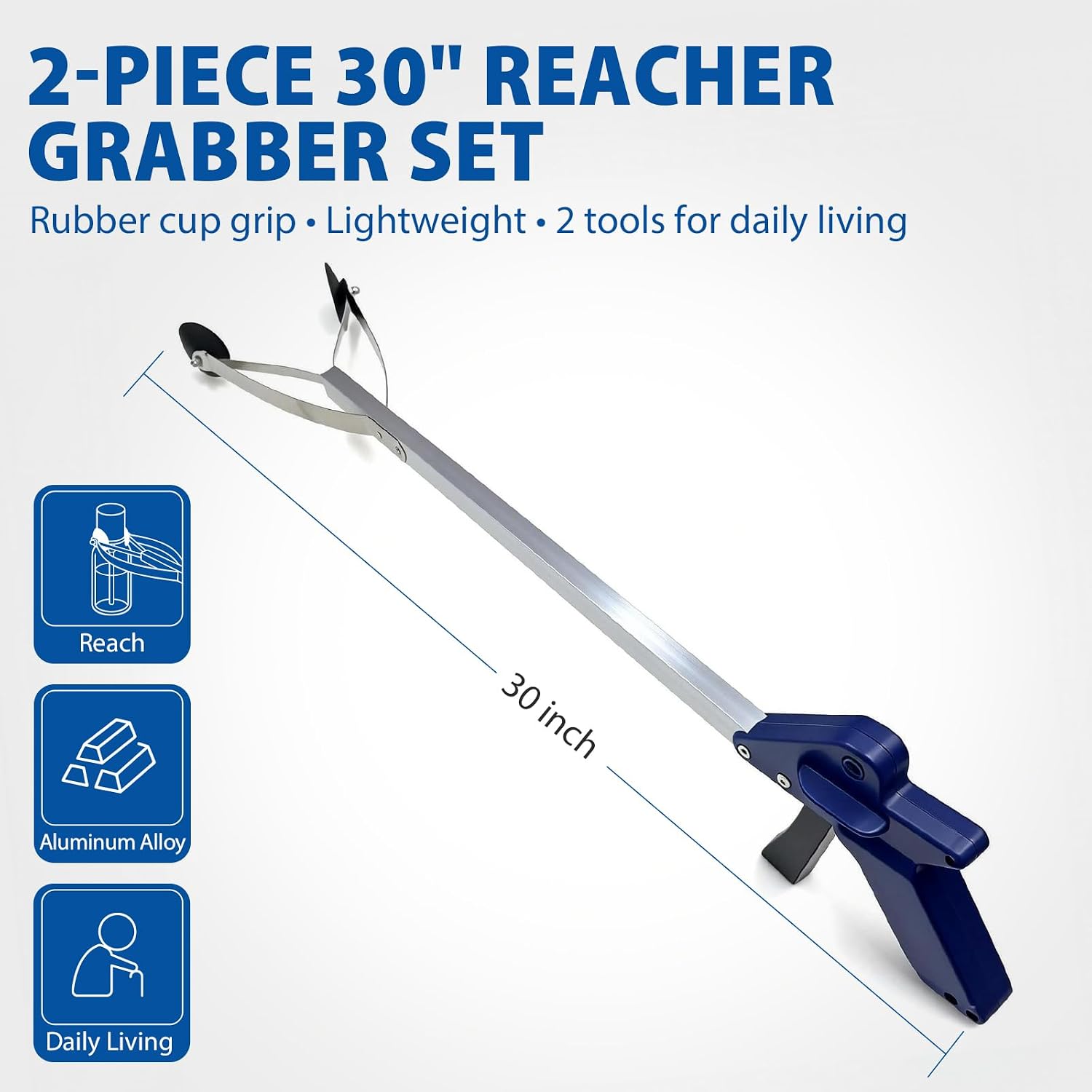 Blue Jay 30 Inch Reacher Grabber Tool with Rubber Suction Cups, Lightweight Long Arm Trash Picker Upper, Multipurpose Extending Reach Assist Stick, Mobility Aid for Seniors and Adults