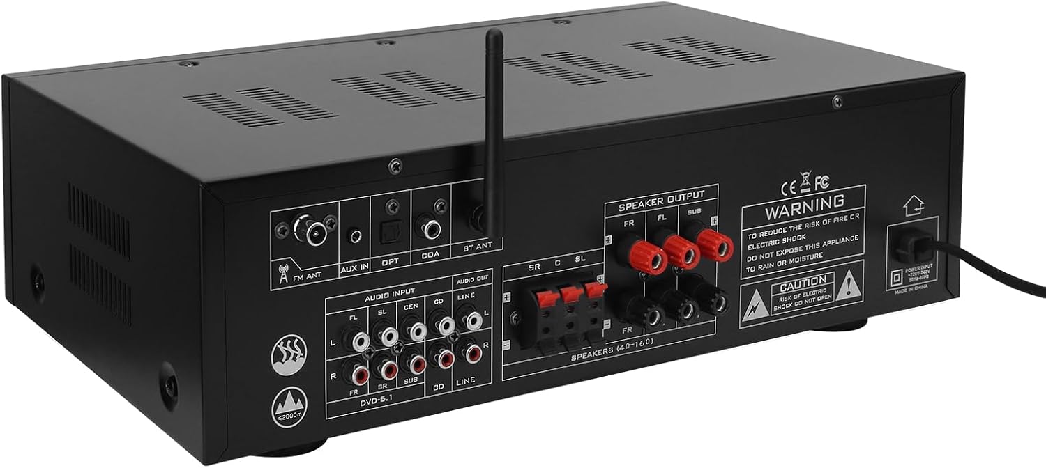 5.1 Channel Karaoke Amplifier with Mic Input, Home Audio Surround Sound Amplifier with Optical, Coaxial & RCA Inputs, Subwoofer Support for TV