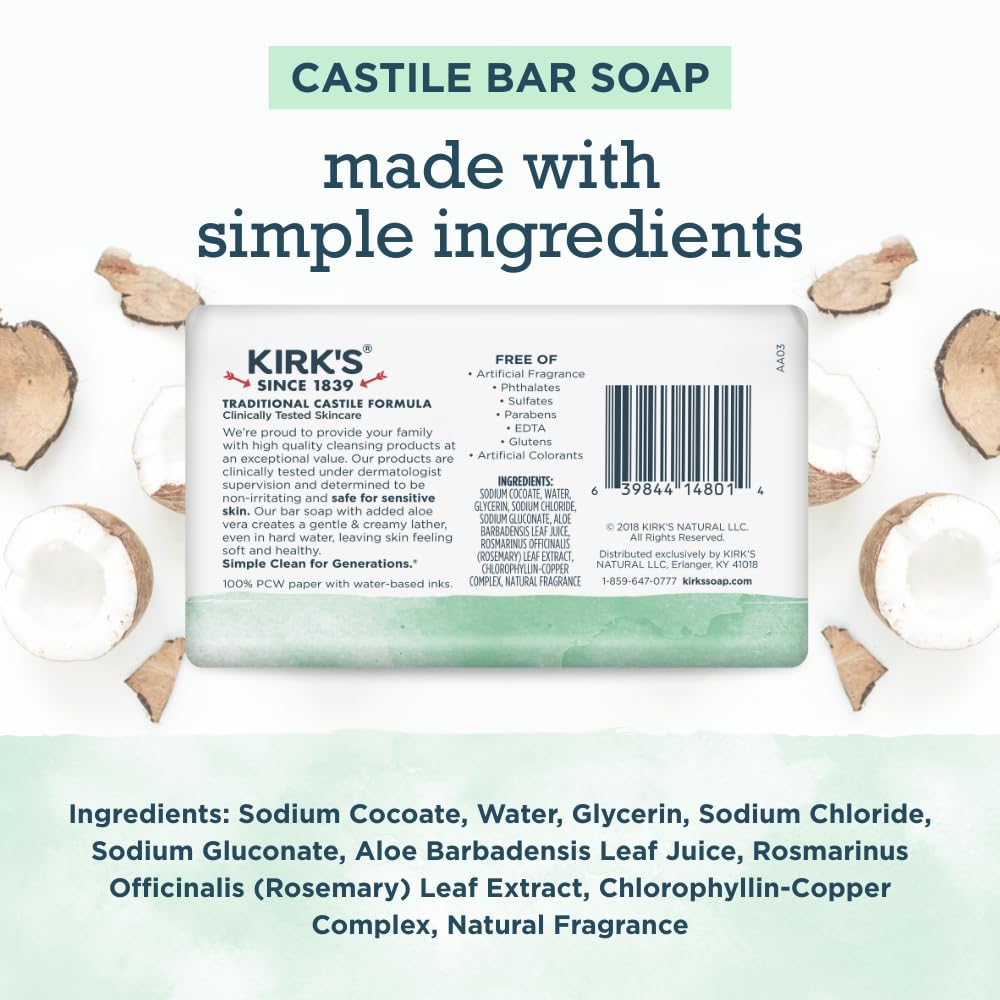 Kirk's Castile Bar Soap, Aloe Vera - Clinically Tested, Safe for Sensitive Skin with Coconut Oil, Vegan and Non-GMO - 4 oz Bars, 6 Pack