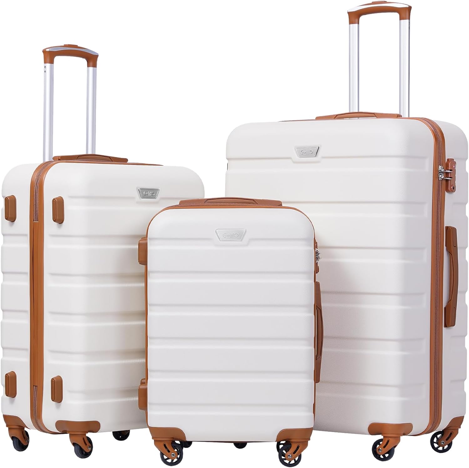 Coolife Luggage Set, Lightweight Durable Hardshell, 3 piece, Apricot White | suitcase set with 360° Spinner Wheels, TSA-approved Lock