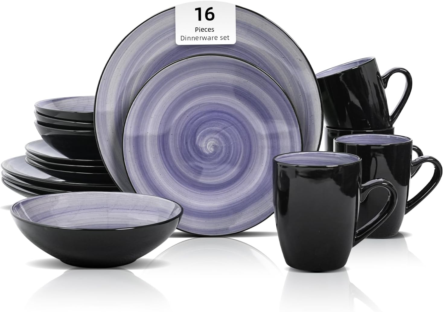 HomeVss, Sonoma Stoneware Dinnerware Set, Outside Black + Inside Hand Painting Color (16pc Set, Grey)