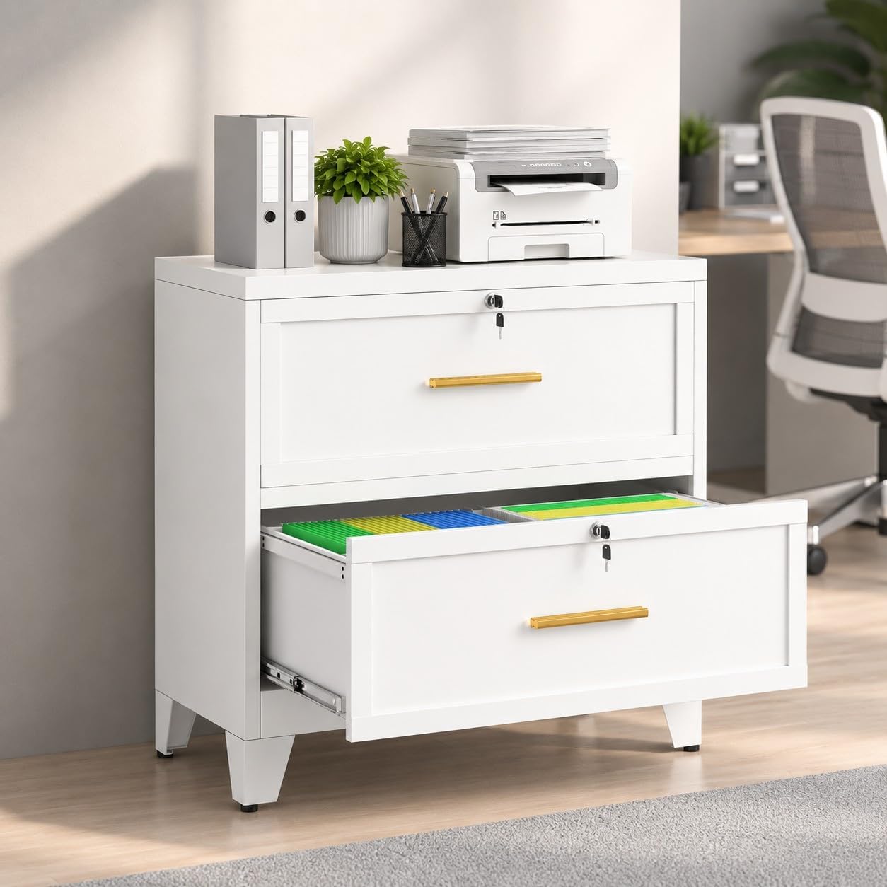 3 Drawer File Cabinet, Office Mobile Filing Cabinet, Printer Stand | All-in-One Office Storage, 3 Storage Drawers, 2 Adjustable Shelves, Lockable Cabinet, 4 Casters, 46.5-Inch Top